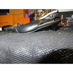 Horsebit Accent Black Vegan Leather Kitten Heel Slingbacks sz 35 or US 5